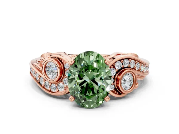 Fancy Green Oval Cut Diamond Solitaire Ring with Milgrain Pavé Band and Four-Prong Setting Rose gold