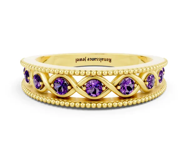 Round Amethyst Twist Milgrain Band with Bezel Setting Yellow gold