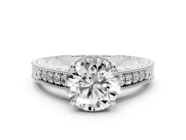 Round Cut Solitaire Pavé Diamond Milgrain Engagement Ring with Four-Prong Setting Platinum