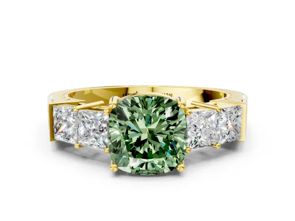 Fancy Green Cushion Cut Solitaire Princess Side Stone Engraved Band Prong Setting Ring Yellow gold