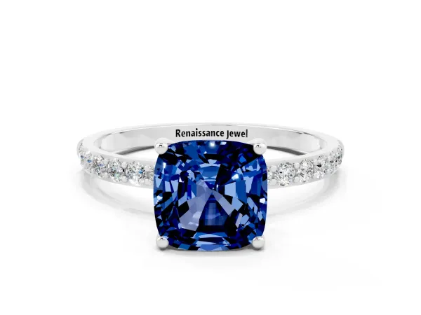 Cushion Cut Blue Sapphire Solitaire Ring with Round Pavé Band and Prong Setting Platinum
