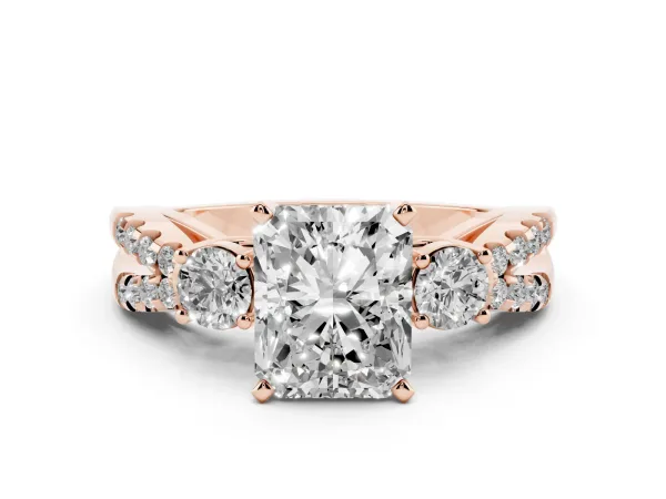 Radiant Cut Diamond Three-Stone Ring with Pavé Split Shank and Four-Prong Setting Rose gold