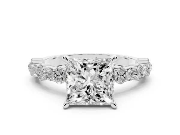 Princess Cut Diamond Side Stone Solitaire Ring with Round and Four-Prong Setting Platinum