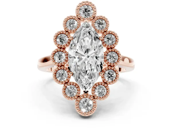 Marquise Cut Halo Diamond Cluster Engagement Ring with Milgrain Bezel Setting and Solitaire Band Rose gold