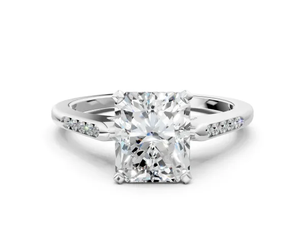 Radiant Cut Diamond Solitaire Ring with Channel Set Round Band and Prong Setting Silver
