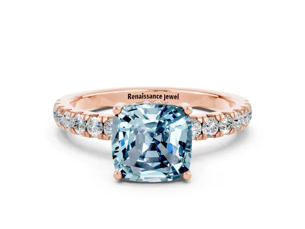 Cushion Cut Aquamarine Pave Band Solitaire Ring with Round and Prong Setting Rose gold