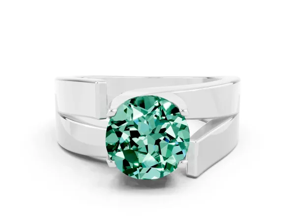 Modern Tension Set Round Cut Green Sapphire Solitaire Wide Band Ring Platinum