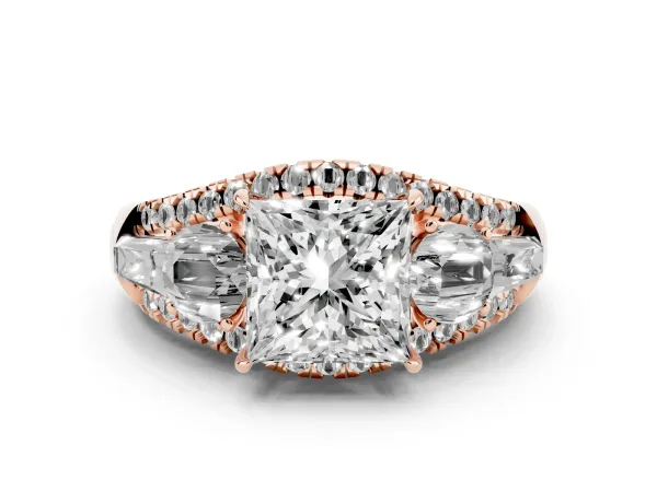 Three-Stone Princess Cut Diamond Engagement Ring with Pave Band and Prong Setting Rose gold