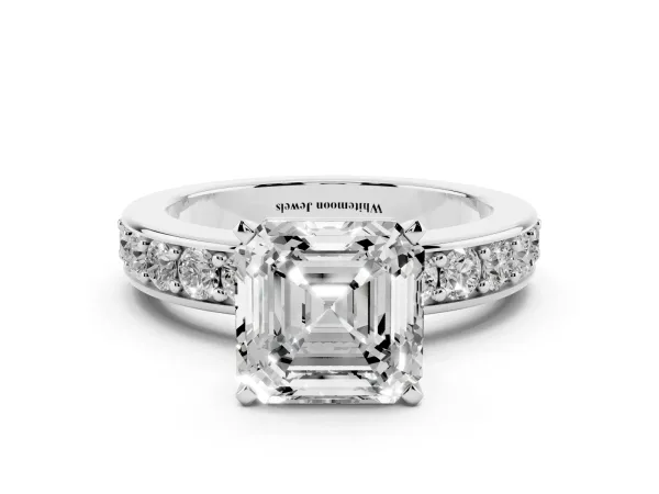 Asscher Cut Diamond Engagement Ring with Channel Set Round Band and Prong Setting White gold