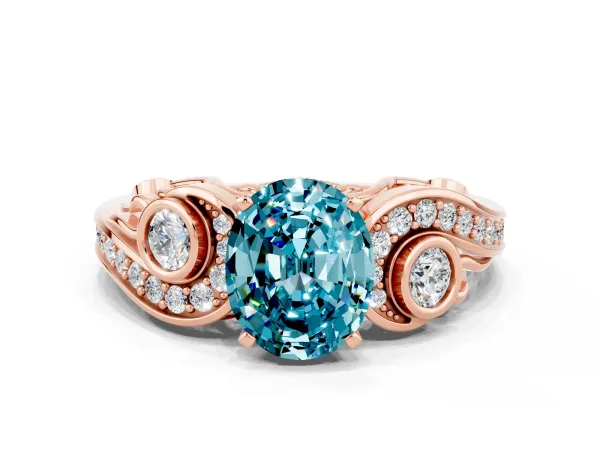 Oval Cut Blue Topaz Solitaire Ring with Milgrain Pavé Band and Four-Prong Setting Rose gold