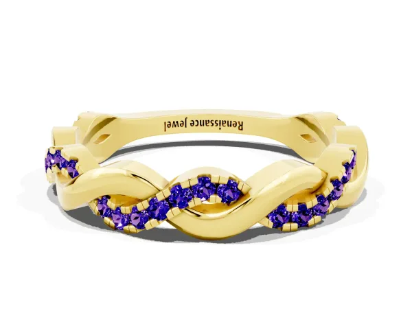 Pavé Round Tanzanite Twist Eternity Band with Shared Prong Setting Yellow gold