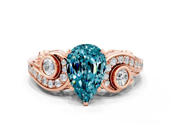 Pear Cut Blue Topaz Solitaire Ring with Milgrain Pavé Band and Four-Prong Setting Rose gold
