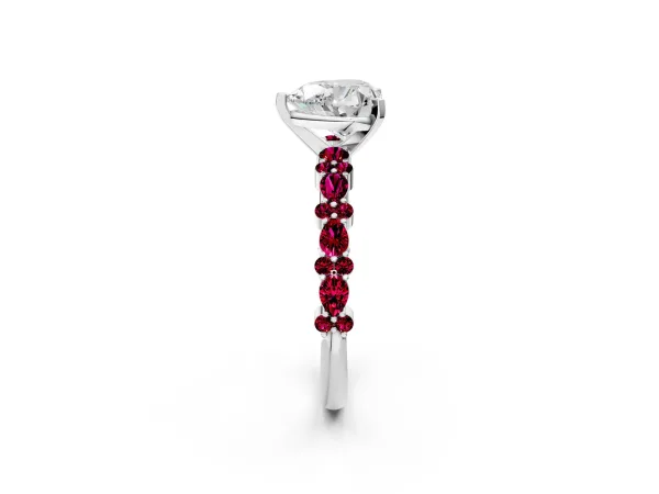 Heart Cut Diamond Side Stone Solitaire Ring with Round Garnet and Four-Prong Setting Platinum