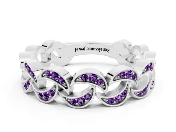 Pavé Round Amethyst Interlocking Eternity Band with Bezel Prong Setting Platinum