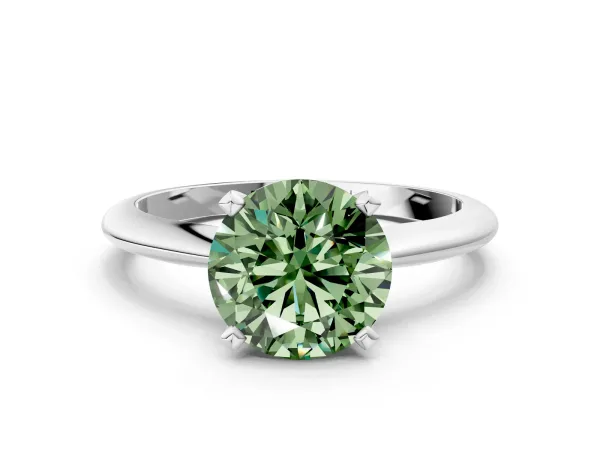 Fancy Green Round Cut Diamond Solitaire Engagement Ring with Classic Band and Four-Prong Setting Platinum