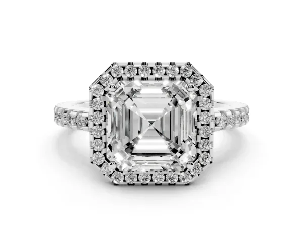 Asscher Cut Diamond Halo Engagement Ring with Pavé Band and Prong Setting White gold