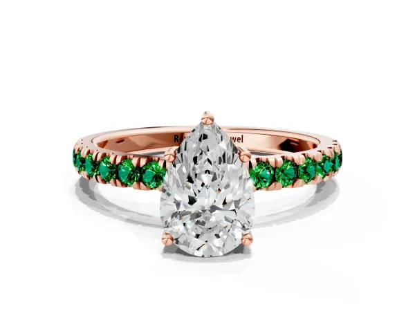 Pear Cut Diamond Pave Band Solitaire Ring with Round Emerald and Prong Setting Rose gold