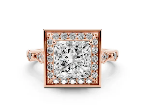Princess Cut Halo Diamond Engagement Ring with Twisted Band and Four-Prong Setting Rose gold