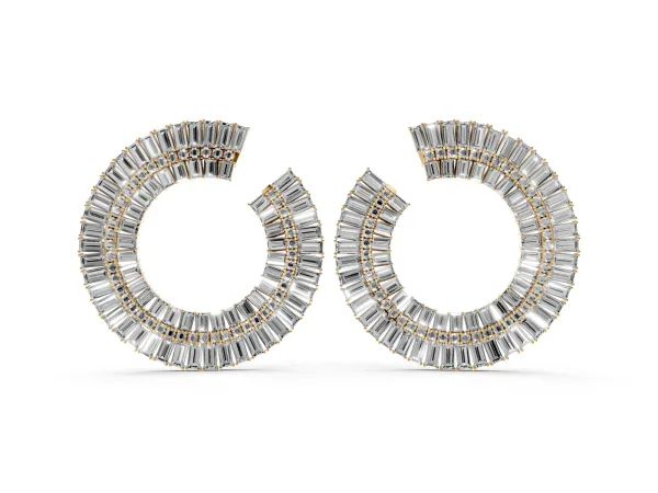 Baguette and Round Diamond Fanned Hoop Earrings Yellow gold