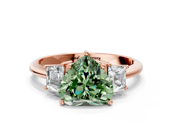 Fancy Green Heart Cut Diamond Three-Stone Ring with Trapezoid Side Stones and Prong Setting Rose gold