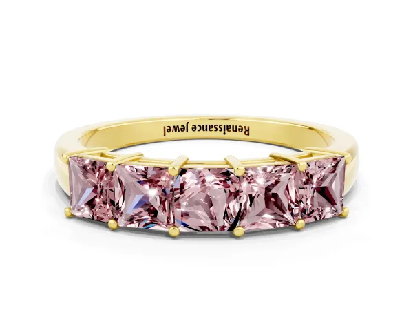 Princess Cut Five-Stone Morganite Band with Prong Setting Yellow gold