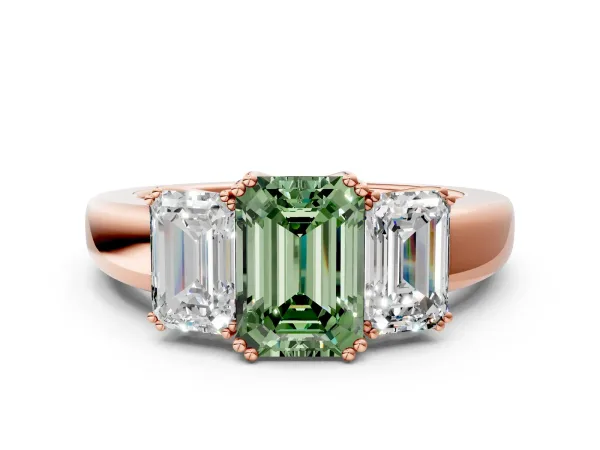 Fancy Green Three-Stone Emerald Cut Cut Diamond Ring with Channel Set Band and Four-Prong Setting Rose gold