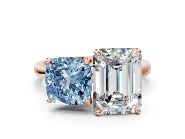 Fancy Blue Cushion Cut and Emerald Cut Toi Moi Ring with Prong Setting Rose gold