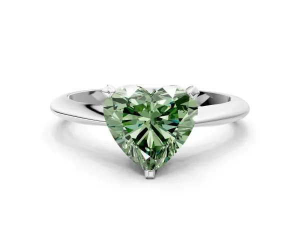 Fancy Green Heart Cut Diamond Solitaire Engagement Ring with Classic Band and Four-Prong Setting Silver