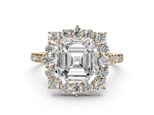 Asscher Cut Halo Diamond Ring with Pavé Band and Prong Setting Yellow gold