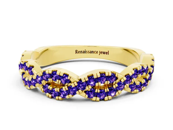 Round Tanzanite Twisted Eternity Band with Pavé and Shared Prong Setting Yellow gold