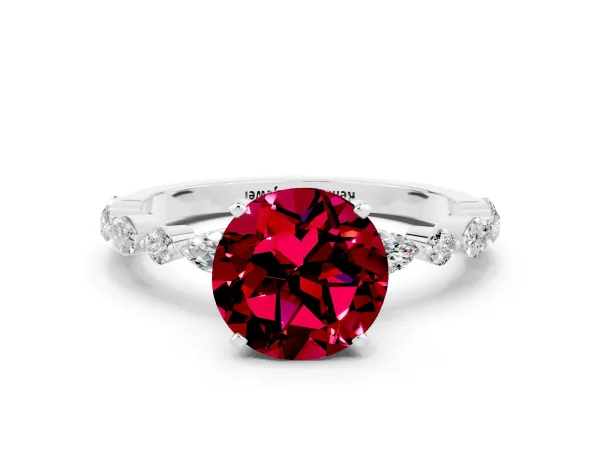 Round Cut Garnet Ring with Marquise and Round Side Stones and Four-Prong Setting Silver