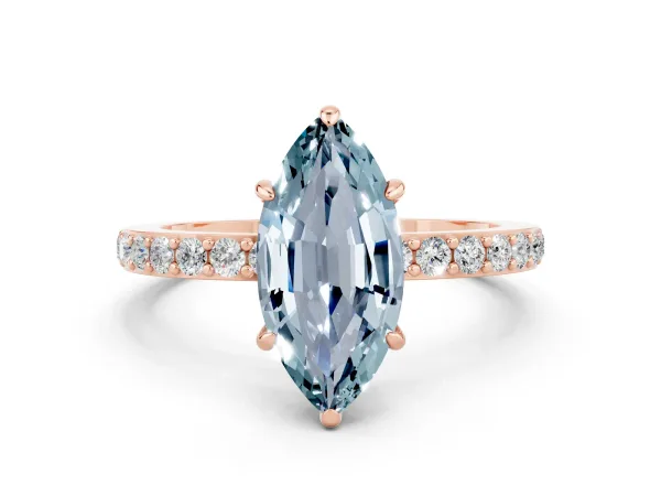 Marquise Cut Aquamarine Solitaire Engagement Ring with Pavé Band and Four-Prong Setting Rose gold