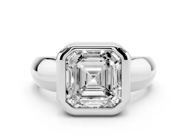Bezel Set Asscher Cut Solitaire Ring with Wide Band White gold