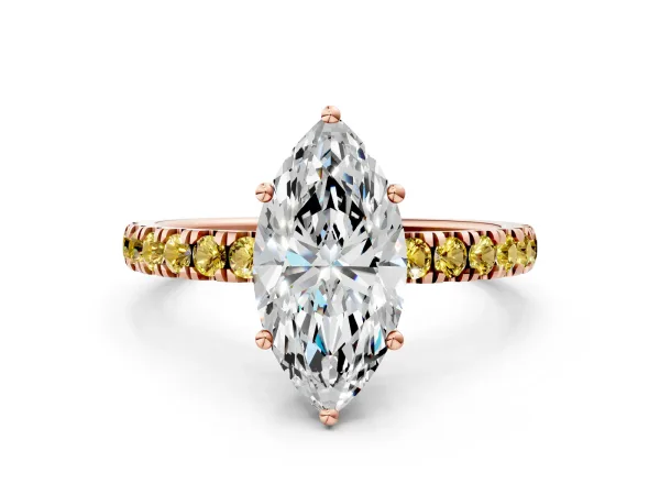 Marquise Cut Diamond Pave Band Solitaire Ring with Round Yellow Sapphire and Prong Setting Rose gold