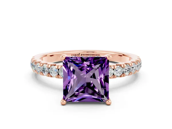 Princess Cut Amethyst Pave Band Solitaire Ring with Round and Prong Setting Rose gold