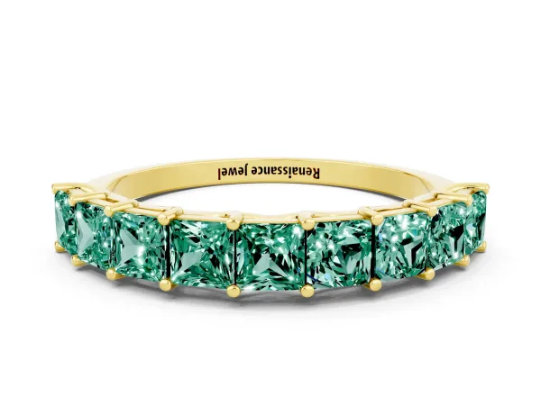 Princess Cut Green Sapphire Channel-Set Eternity Band with Prong Setting Yellow gold