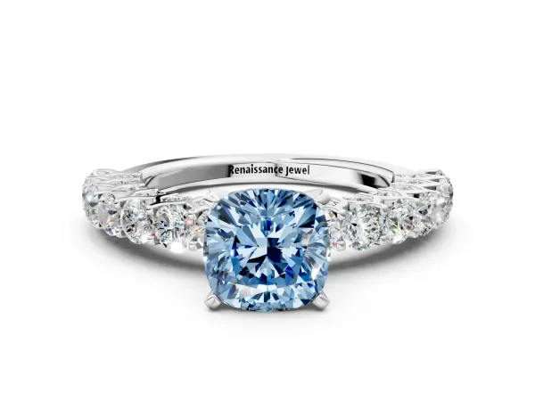 Fancy Blue Cushion Cut Diamond Solitaire Ring with Shared Prong Pavé Band and Four-Prong Setting White gold