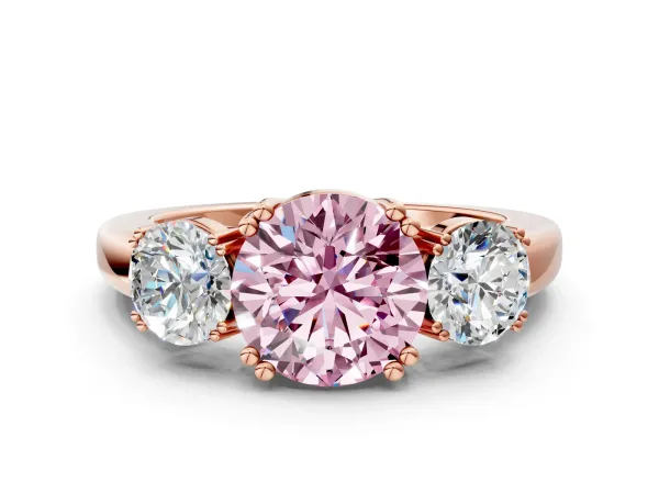 Fancy Pink Three-Stone Round Cut Cut Diamond Ring with Channel Set Band and Four-Prong Setting Rose gold