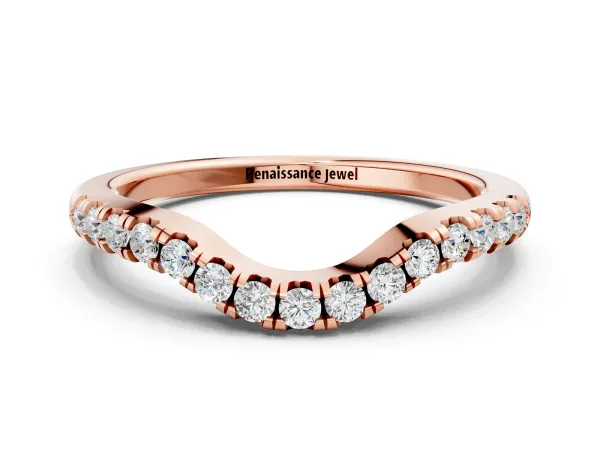 Curved Round Diamond Wedding Band with Pavé Setting and Shared Prong Rose gold
