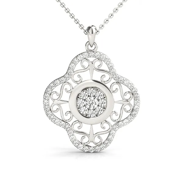 Round Cluster Diamond Pendant with Pavé and Scroll Prong Setting Silver