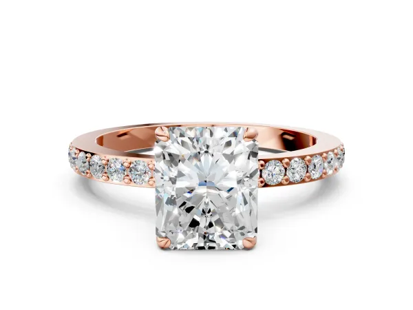 Radiant Cut Diamond Solitaire Engagement Ring with Pavé Band and Four-Prong Setting Rose gold