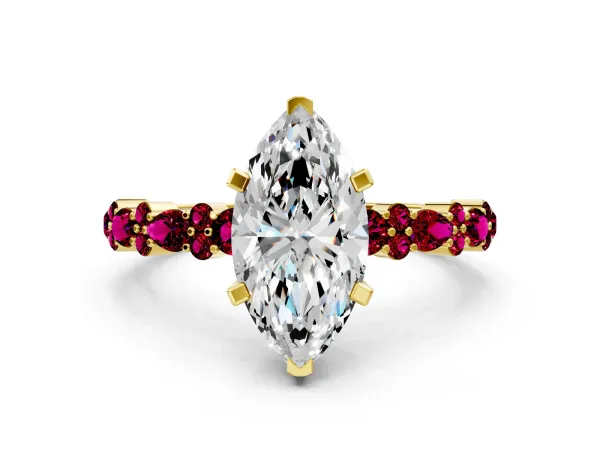 Marquise Cut Diamond Side Stone Solitaire Ring with Round Garnet and Four-Prong Setting Yellow gold