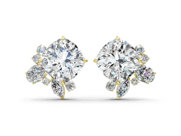 Cushion Cut Diamond Floral Stud Earrings with Multi-Shape Accents Yellow gold