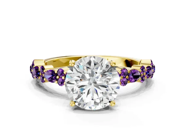 Round Cut Diamond Side Stone Solitaire Ring with Round Amethyst and Four-Prong Setting Yellow gold