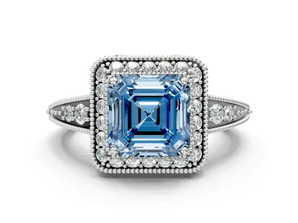 Fancy Blue Asscher Cut Halo Diamond Split Shank Ring with Milgrain Detail Platinum