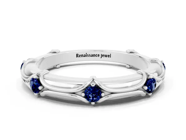 Round Blue Sapphire Prong Set Milgrain Eternity Band Platinum