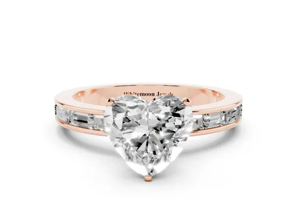 Heart Cut Solitaire Diamond Ring with Channel-Set Baguette Band and Four-Prong Setting Rose gold