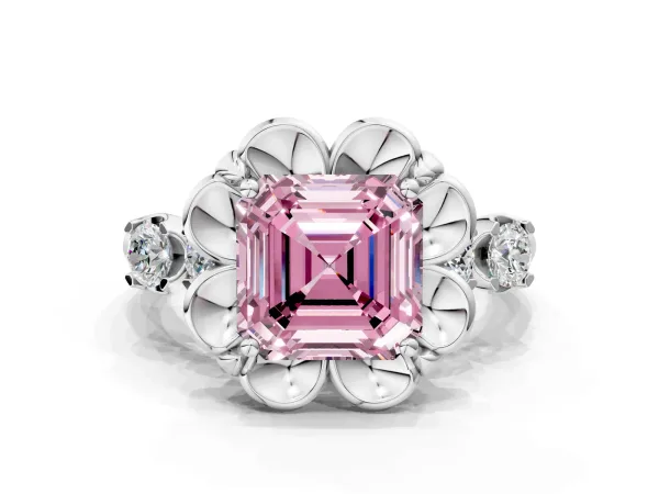 Fancy Pink Asscher Cut Cut Diamond Floral Halo Engagement Ring with Shared Prong Setting Platinum