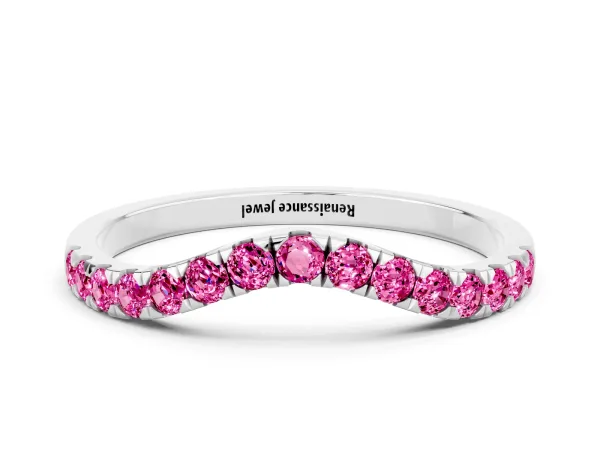 Curved Pavé Round Pink Sapphire Wedding Band with Shared Prong Setting Platinum