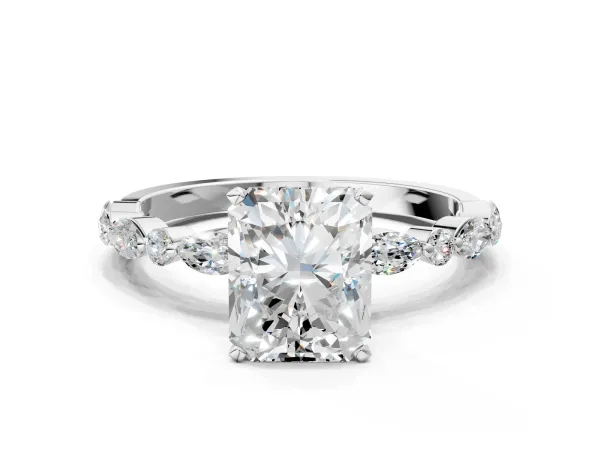 Radiant Cut Diamond Ring with Marquise and Round Side Stones and Four-Prong Setting Platinum